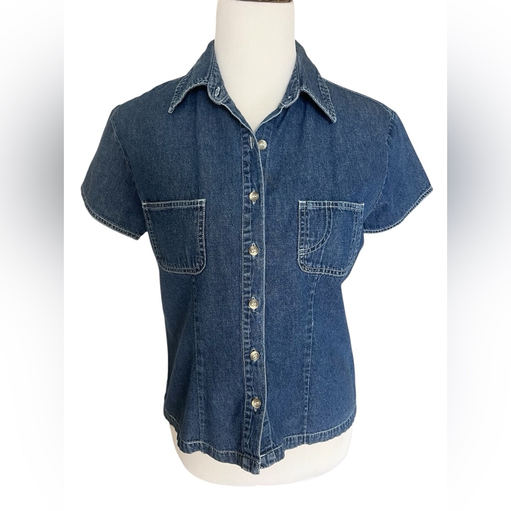 Short Sleeve Denim Shirt Button Front 100% Cotton Size M